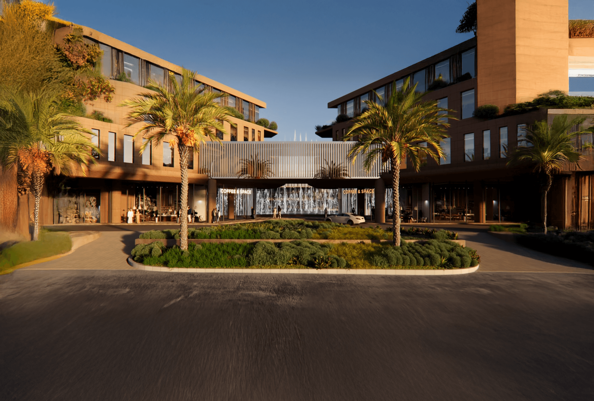 blvdbusiness façade with palms at golden hour